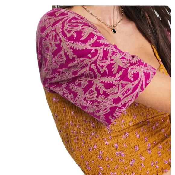 Free People NWT Chic Mix Print Effortless Style Comfort Smocked Golden Combo SM - Picture 15 of 16